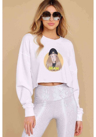 Skam Eva Baskılı Crop Kadın Beyaz Sweatshirt