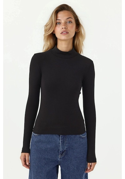 Hiccup Slim Fit Turtleneck Uzun Kollu Yumuşak Viskon Üst Siyah