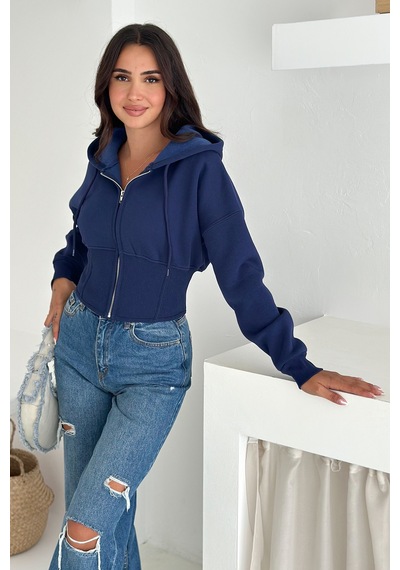 Kadın Siyah Fermuarlı Hoodie Minimal Sokak Ruhuyla Lacivert