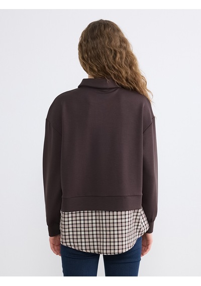 Lcw Modest Kahverengi Gömlek Yaka Ekoseli Kadın Sweatshirt Tunik