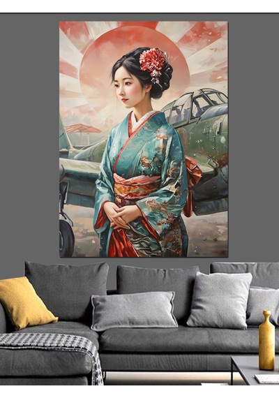 Ahşap Tablo Kimonolu Japon Kadın Portresi