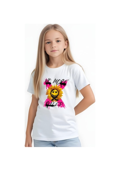 Panios Kids X Rules Baskılı Kız Çocuk Kısa Kollu T-shirt Beyaz