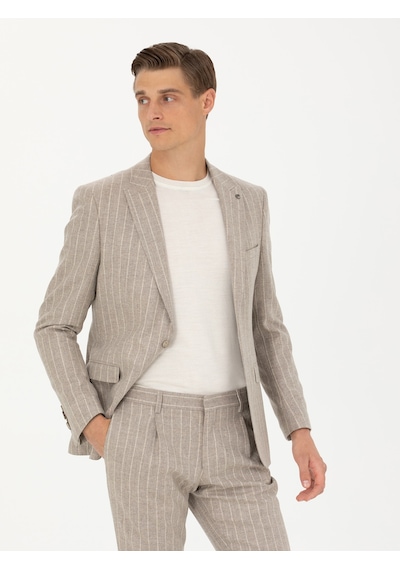 Cacharel Bej Slim Fit Yün Kaşmir Karışımlı Çizgili Klasik Ceket