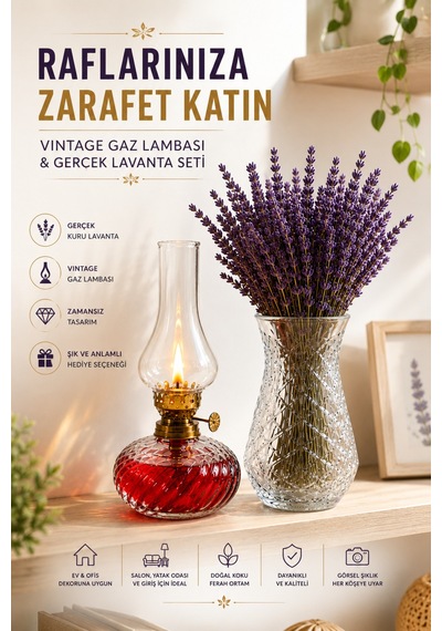 Vintage Gaz Lambası Ve Cam Vazo Gerçek Kuru Lavanta Seti Dekoratif Ev Salon Konsol Raf Süsü Hediyelik 3'lü Set