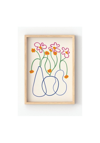 Ahşap Çerçeveli Renkli Çiçek Çizgi Sanatı Poster Minimal Line Art Duvar Dekoru Ahşap Çerçeveli 21 X 30