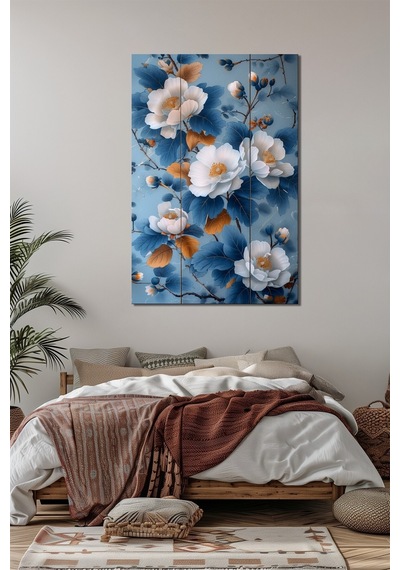 Çiçek Baskılı Cam Tablo Mavi Beyaz Floral Desenli Şık Dekoratif Duvar Tablosu