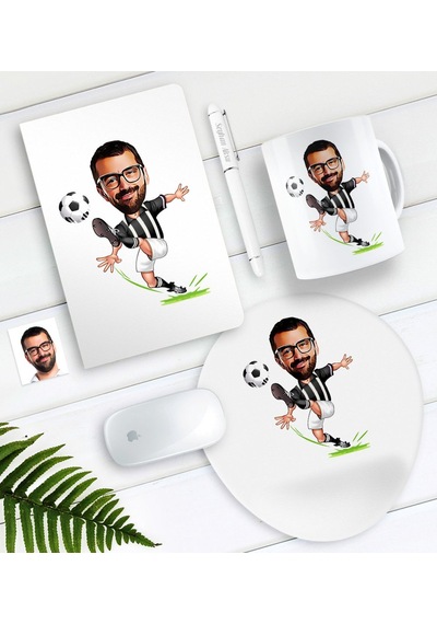 Kişiye Özel Bay Siyah Beyaz Futbolcu Karikatürlü Defter Kalem Kupa