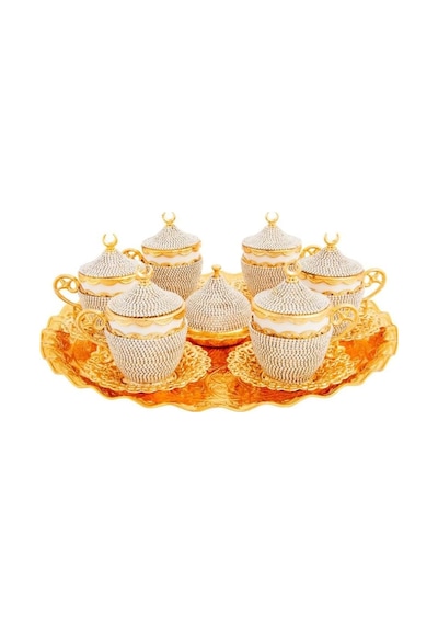 Türk Kahvesi Fincan Seti, Kristal Lokumluk, 6'li Espresso Fincan Ve Tabak Takımı Gold Beyaz Diğer