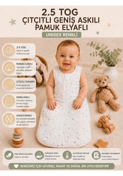 Begi 2.5 Tog Elyaflı Torba Askılı Çıtçıtlı Uyku Tulumu % 100 Pamuk Unisex