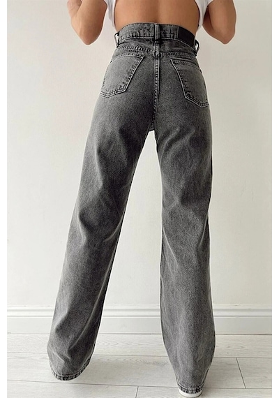 Lavajeans Penelope Antrasit Kar Yıkama Likralı Extra Yüksek Bel Bol Paça Lavajeans Jean Pantolon Antrasit