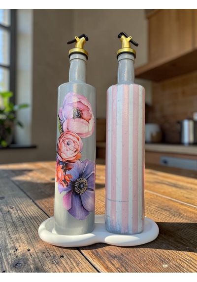 750 Ml Büyük Boy El Yapımı Cam Yağdanlık Sirkelik 2'li Set Çiçek Desenli Ve Çizgili Dekoratif Zeyt Pembe Ve Beyaz