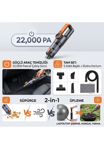 Suitu 22.000 Pa Ultra Güçlü Araç Süpürgesi - 2 Si 1 Arada Üfleme Özellikli Şarjlı Süpürge - 5 Başlık Ve Ekstra Uzun Hortum Setli