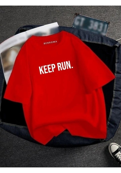Oversıze Keep Run Baskılı Unısex Tisort Baskılı Kirmizi