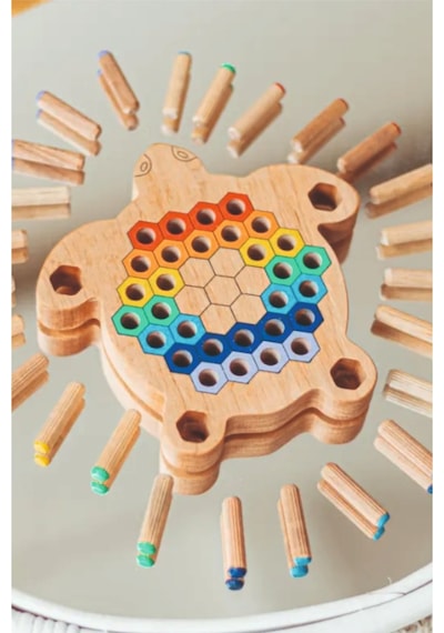 Montessori Ahşap Duyusal Eğiti Oyuncak Renk Eşleştirmeli Pim Takmalı Kaplumbağa