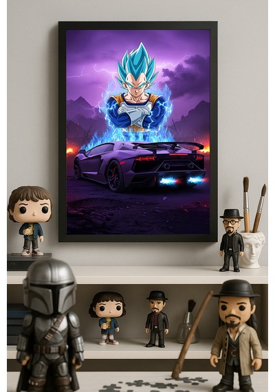 Vegeta Lamborghini Aventador Siyah Ahşap Çerçeveli Poster, Dekoratif Anime Araba Duvar Tablosu