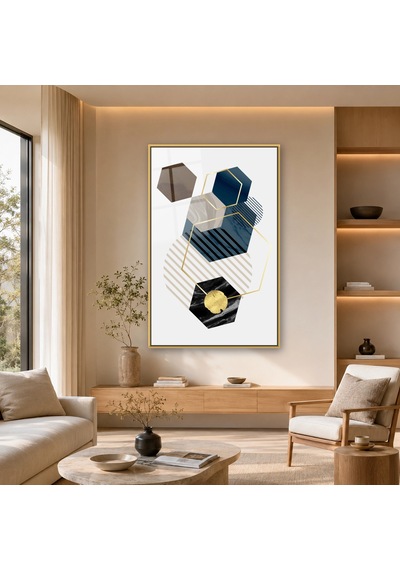 Lacivert Gri Mermer Altıgenler Gold Çerçeveli Cam Tablo