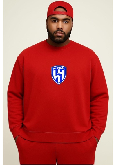 Benroma 3 İplik Penye Al Hılal Baskılı Büyük Beden Unisex Sweatshırt Kırmızı