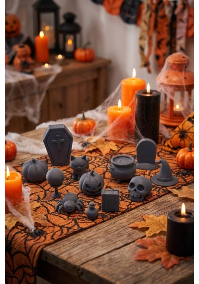 Zeroxo Halloween Dekor Figür Seti 12 Parça Tabut Kabak Kedi Kafatası 4x6 Cm