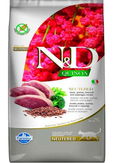 N&D Quinoa Kısırlaştırılmış Ördek Brokoli ve Kuşkonmazlı Yetişkin Kedi Maması 5 KG