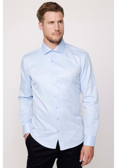 Tudors Modern Slim Fit Uzun Kollu Düz Saten Pamuklu Erkek Mavi Gömlek-23050 Mavi
