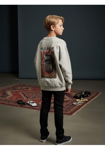 Zekids Erkek Çocuk Sırtı Araba Baskılı Tasarım Sweatshirt-16619 Gri