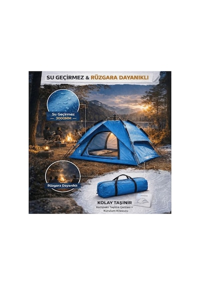 Buffer 4 Kişilik Otomatik Kamp Çadırı Çift Katmanlı, Suya Dayanıklı, Hızlı Kurulum Outdoor Aile V Yeşil