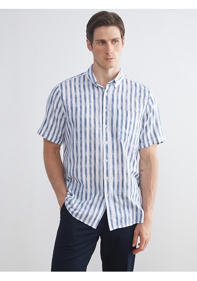 Lcwaıkıkı Classic Lacivert Regular Fit Kısa Kollu Çizgili Poplin Erkek Gömlek