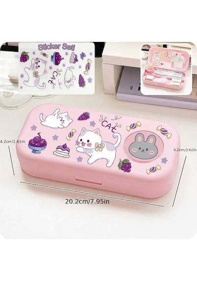 Sevimli Kawaii Figürlü Kalem Kutusu Çok Bölmeli Çift Katlı Büyük Kapasiteli Kalem Kutusu Sticker'lı Kalem Kutusu Sticker Yapıştırılabilir Kalemlik Sticker Kalemlik Pembe