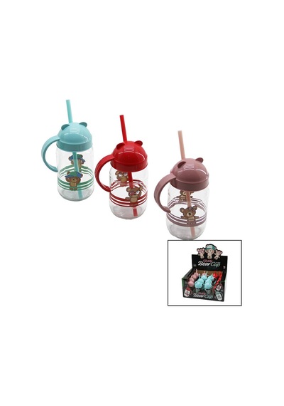 Qlux C-00374 Teddy Bear Bardak 370cc Kulplu Pipetli Figürlü Ayıcık Resimli Renkli Plastik Kapak Cam - 20'li Paket Diğer