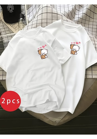 Nevermind Sevgili Kombini Ayıcık Kalp Baskılı Çift Tişört Oversize Unisex P Beyaz Nevermind Sevgili Kombini Ayıcık Kalp Baskılı Çift Tişört Oversize Unisex P Beyaz
