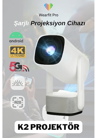 Wearfitpro K2 Powerbank Şarjlı 4k Çözünürlük Android Projeksyion Cihazı 5g Wifi Destekli Full Hd Projektör