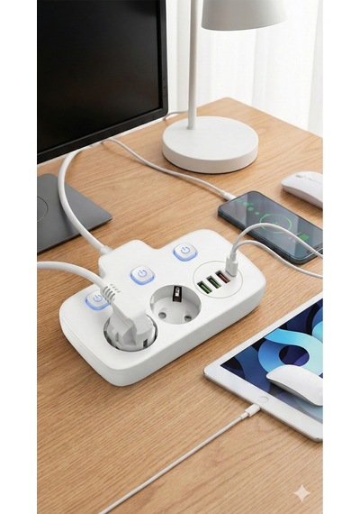 Akım Korumalı 2500w Güçlü 3 Usb + Type-c Portlu Çoklu Priz Hızlı Şarj, Çocuk Kilidi, 2 Metre