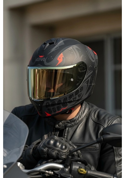 Gıvı 50.x Bones Kırmızı  1 Renkli 1 Şeffaf Vizörlü Motosiklet Kask Gold Vizör + Şeffaf