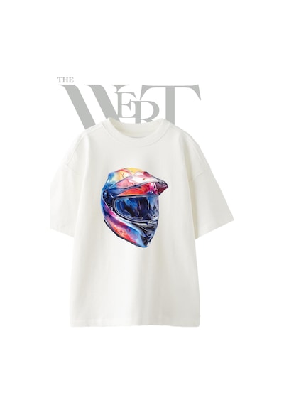 Thewert Motosiklet Kask Tasarım Baskılı Ünisex Beyaz Oversize T-shirt