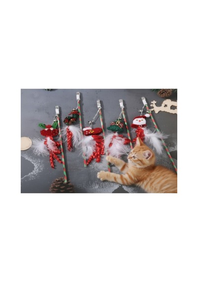 10 Adet Yılbaşı Temalı Zilli Kedi Oltası Tüylü Figürlü