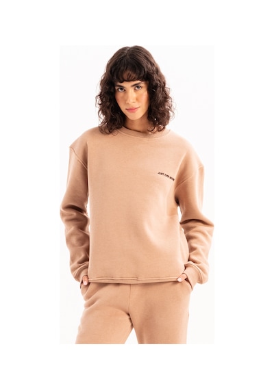 Justever Bisiklet Yaka Nakışlı Şardonlu İçi Polarlı Vizon Kadın Sweatshirt - Rigil Vizon
