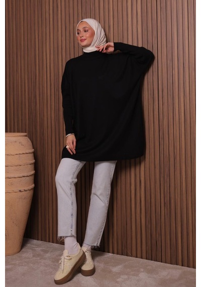 Balenbi Kadın Dik Yaka Basic 80cm Salaş Oversize Triko Tunik 1145 Siyah