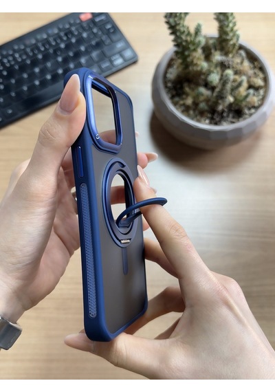 Apple Uyumlu iPhone 15 Pro Max Standlı Ve Yüzüklü Magsafe Kılıf Soocase721 Lacivert