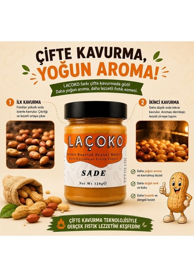 Laçoko 320 Gram Şekersiz, Katkısız, Glutensiz, Vegan, Doğal Çifte Kavrulmuş Yer Fıstığı Ezmesi 320 Gram Diğer