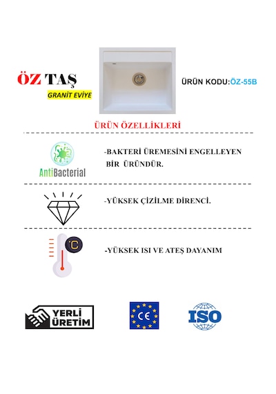 Öztaş ÖZ-55b Granit Mutfak Eviye Tek Gözlü 50 x 55 CM