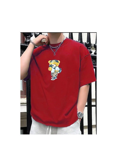 Medinenur Unisex Peluş Ayı Baskılı Bisiklet Yaka Tshirt Kırmızı