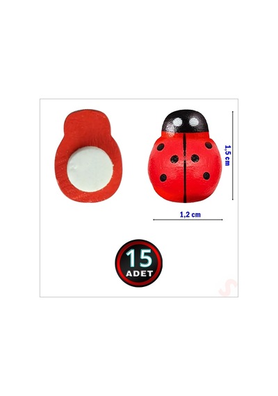 Uğur Böceği Ahşap Sticker, 1,5cm X 1,2cm X 15 Adet - Kırmızı