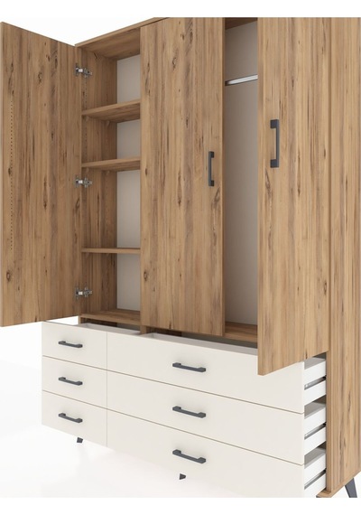 Arges Dolap 5 Raflı 6 Çekmeceli Tek Askılı 132x30x195 Çam-çam... Çam