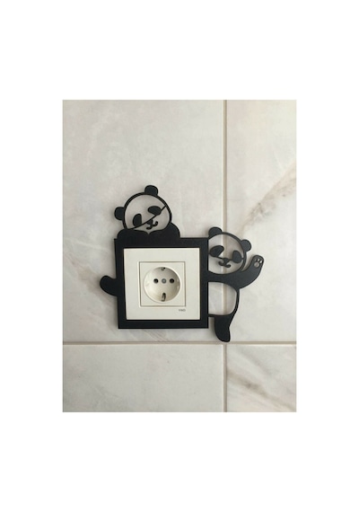 Panda Dekoratif Çocuk Odası Priz Çerçevesi Ahşap Siyah