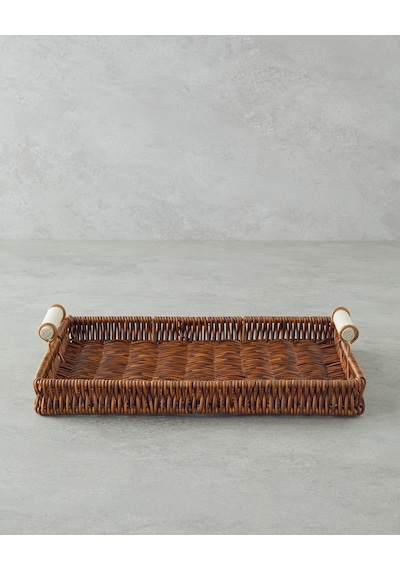 Boho Plastik Rattan Tepsi 30x22x3 Cm Kahverengi