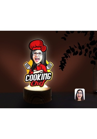Kişiye Özel Kadın Chef Karikatürlü Dekoratif 3D Biblo Led Işıklı (481501217)