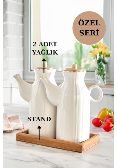 3'lü Standlı Yağdanlık Seti Sirkelik Zeytin Yağlığı 1 Lt Beyaz