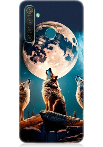 Realme 5 Pro Uyumlu 3 Kurt Ve Dolunay Desenli Silikon Kılıf