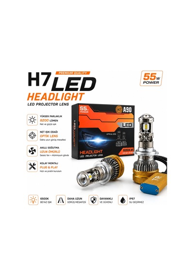 H7 A90 Led Xenon 55w 8200lm Optik Lensli 6500k Beyaz Işık Far Ampulü