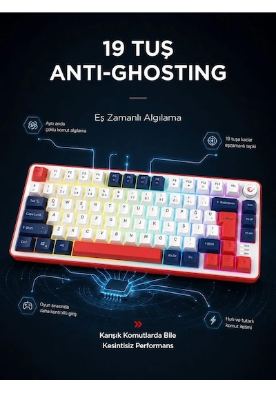 Clicky 75 Beyaz/lacivert/kırmızı Mekanik Hisli Rgb Q Membrane Oyuncu Klavyesi
